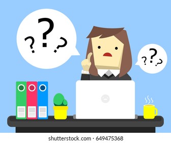 illustration vector cartoon of business woman is sitting at work space with laptop.