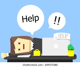 illustration vector cartoon of business woman is sitting at work space with laptop. She tired and swoon.