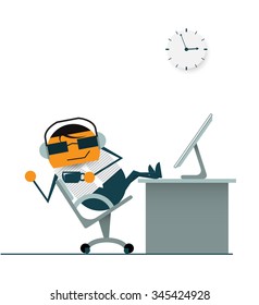 Illustration vector of cartoon businessman relaxing on swivel chair at his desk in office.And drinking hot coffee from a cup during take a break. listening to music from headphone at coffee time