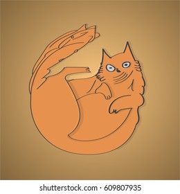 Illustration of Vector Cartoon Cat. Cuty Tiny Kitty Laying on the Back Kids Style Background 