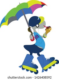 illustration vector cartoon character in a cap with ice cream in his hands and with a colorful umbrella listening to music from a cell phone with headphones and roller skating