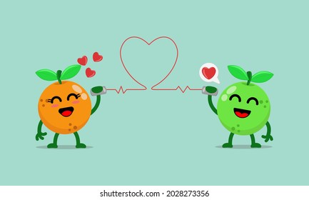 Illustration vector cartoon character of cute orange says fall in love with each other through the cans phone. Suitable for design of valentine's day and romance