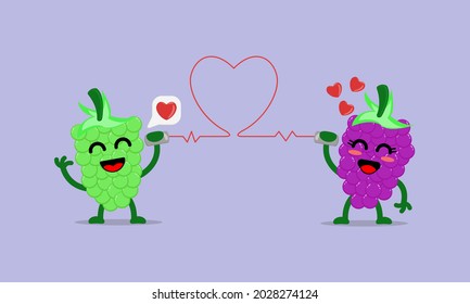 Illustration, Vektorkarikatur Charakter süßer Trauben sagt, Verliebe dich ineinander durch das Dosen Telefon. Geeignet für die Gestaltung von Valentinstag und Romantik