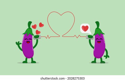 Illustration vector cartoon character of cute eggplant says fall in love with each other through the cans phone. Suitable for design of valentine's day and romance