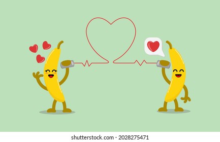 Illustration vector cartoon character of cute banana says fall in love with each other through the cans phone. Suitable for design of valentine's day and romance