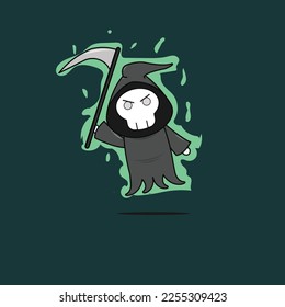 Illustration Vector Cartoon Character Cute Angry Grim Reaper. Flat Cartoon Style