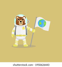 Dibujo vectorial de ilustración de astronauta de oso lindo con una bandera con el ogo de la tierra. Diseño de dibujos animados infantiles adecuado para el diseño de productos de libros infantiles, camisetas, tarjetas de felicitación, etc.