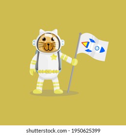 Illustration vector cartoon of cute brown dog astronaut holding a flag with spaceship logo. Childish cartoon design suitable for product design of children's books, t-shirt, greeting cards etc