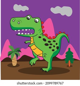 Illustration vector cartoon cute dinosaur, mountains, trees in the background