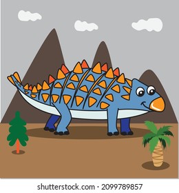 Illustration vector cartoon cute dinosaur, mountains, trees in the background