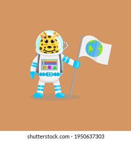 Illustration vector cartoon of cute giraffe astronaut holding a flag with earth logo. Childish cartoon design suitable for product design of children's books, t-shirt, greeting cards etc