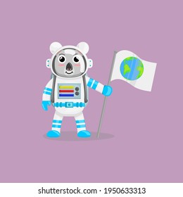 Illustration vector cartoon of cute koala astronaut holding a flag with earth logo. Childish cartoon design suitable for product design of children's books, t-shirt, greeting cards etc
