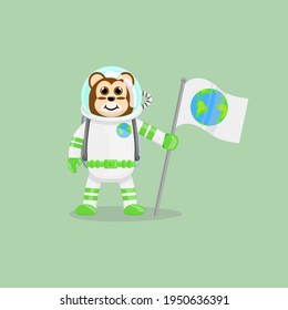 Illustration vector cartoon of cute monkey astronaut holding a flag with earth logo. Childish cartoon design suitable for product design of children's books, t-shirt, greeting cards etc