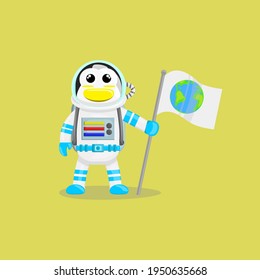 Illustration vector cartoon of cute penguin astronaut holding a flag with earth logo. Childish cartoon design suitable for product design of children's books, t-shirt, greeting cards etc