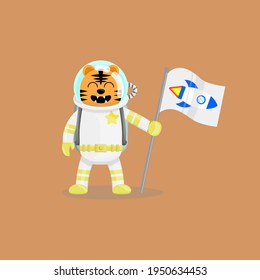Illustration vector cartoon of cute tiger astronaut holding a flag with spaceship logo. Childish cartoon design suitable for product design of children's books, t-shirt, greeting cards etc