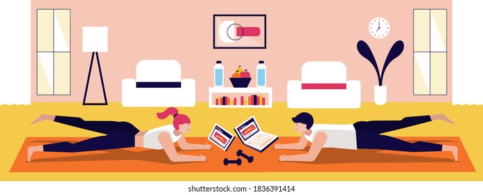 Illustration vector cartoon flat of couple love workout at home with laptop on floor. Healthy food and water bottle on table.