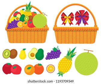Illustration vector cartoon flat of set fruit in basket for giving gift or present on happy Christmas,Thanksgiving,New year,Birthday as concept. Isolated on white background.
