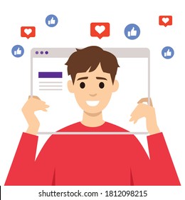 Illustration vector cartoon flat style of emoticon set on social media holding post screen of social media and young businessman is using megaphone for call love,like,follow as digital market