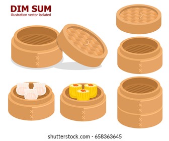 illustration vector cartoon flat style of Chinese food dim sum on bamboo plate.