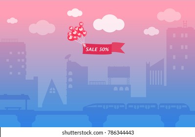 Illustration vector cartoon flat style of heart shaped pink balloon holding banner in the sunset sky. Romantic concept on promotion ad. 