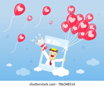 Illustration vector cartoon flat style of heart shaped pink balloon holding post screen of social media and young businessman is using megaphone for call love,like,follow as digital marketing concept