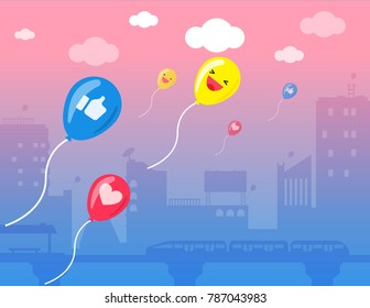 Illustration Vector Cartoon Flat Style Of Emoticon Set On Social Media Balloon Holding Banner In The Sunset Sky. Social Media Marketing Concept On Promotion Ad. 