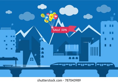 Illustration vector cartoon flat style of city view in the night sky with balloon holding sign . Romantic concept on background of promotion ad. 