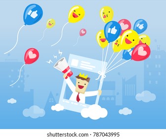 Illustration vector cartoon flat style of emoticon set on social media balloon  holding post screen of social media and young businessman is using megaphone for call love,like,follow as digital market