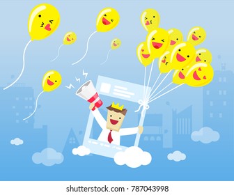 Illustration vector cartoon flat style of emoticon set on social media balloon  holding post screen of social media and young businessman is using megaphone for call happy customer as digital market