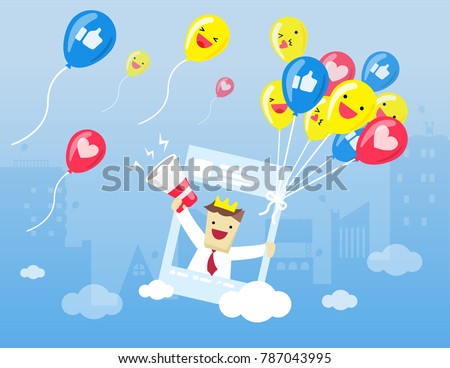 Illustration vector cartoon flat style of emoticon set on social media balloon  holding post screen of social media and young businessman is using megaphone for call love,like,follow as digital market