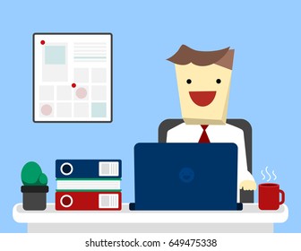 illustration vector cartoon of happy professional business man is sitting at work space with laptop.