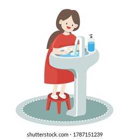 illustration vector cartoon of kid wash s hands for corona virus outbreaking at home. Hygiene preschool for teaching how to clean child hand at school infographic.