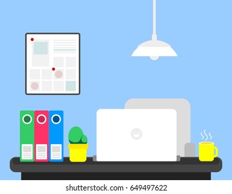 illustration vector cartoon of laptop , cactus in plant pot , paper work in file and cup of coffee on table or desk at office. flat style