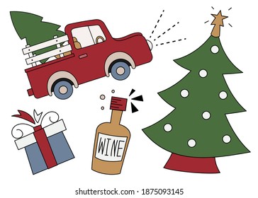 Illustration vector cartoon line of Christmas objects set isolated on white background
