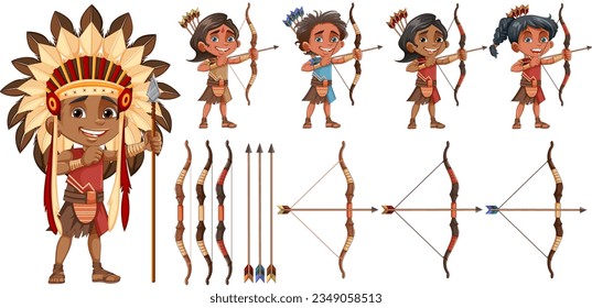 Illustration of a vector cartoon Native American character holding a bow and arrow