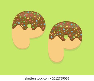 Illustration vector cartoon of "P" alphabet letter in the shape of sweet chocolate donut. Cartoon simple modern design. Suitable for design of food and kids product