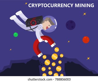 Illustration vector cartoon of rich person on space who is miner of gold coin and use hardware is graphics card on new technology as blockchain, cryptocurrency, alternate coin mining concept