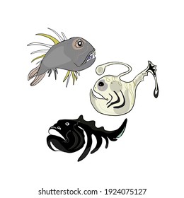Illustration vector of a cartoon set of aggressive fish isolated on a white background. Element, coloring book, drinks blank for designers, coloring book, logo, icon,