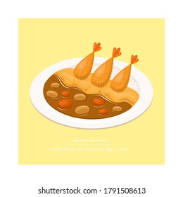 Dibujo vectorial de ilustración de camarón frito con curry de huevo de tortilla en plato de arroz. Menú de platos de comida japonesa