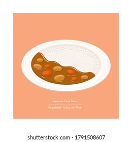 Illustration vector cartoon of vegetable potato onion and carrot stew or curry on rice plate. Japanese food dish menu concept