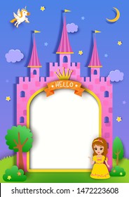 Illustration vector of castle frame with cute princess and unicorn to paper art style.