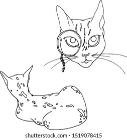 
Illustration vector cat in pince-nez, cat backs in a tiger glomerulus coloring book, drawn in-line. Print for textiles, cards, packaging, stickers, tattoos