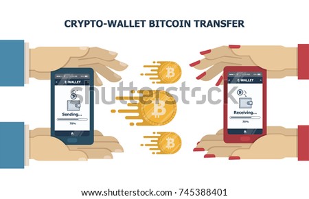 Illustration vector cell phone of electronic wallet on application with icon of receiving and sending. Smart phone on hand of woman and man. Flat gold coin transfer to another person as concept.