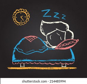 Illustration of vector  chalked character sleeping on the bed 