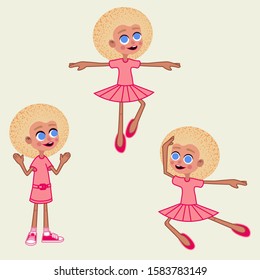 Illustration. Vector character dancing like a ballerina. Cute girl with blond hair and blue eyes in a pink dress.