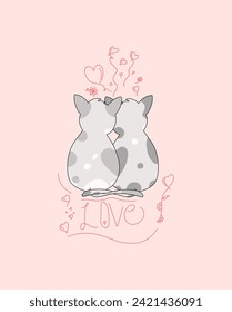 illustration vector character design of a couple of love cats with small hearts for Valentine's day So sweet.Doodle cartoon style.