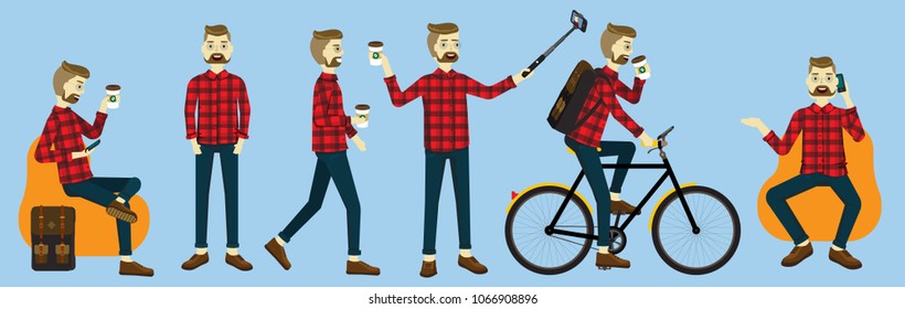Illustration vector character set of geek handsome young man hipster riding bike and drinking coffee go to work ,using GPS on smartphone,using selfie stick,talking on cellphone,chatting
