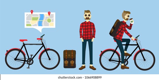 Illustration vector character set of geek handsome young man hipster riding bike and drinking coffee go to work using GPS on smartphone 