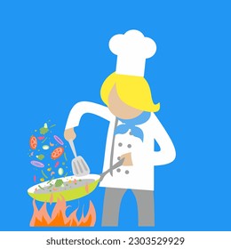 Illustration vector of a chef cooking with a frying pan over a hot fire. Perfect to show how to cook or for your FnB mascot.