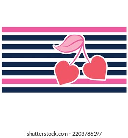 Ilustración vectorial corazón cereza y líneas con dos colores, estilo de moda fresco.